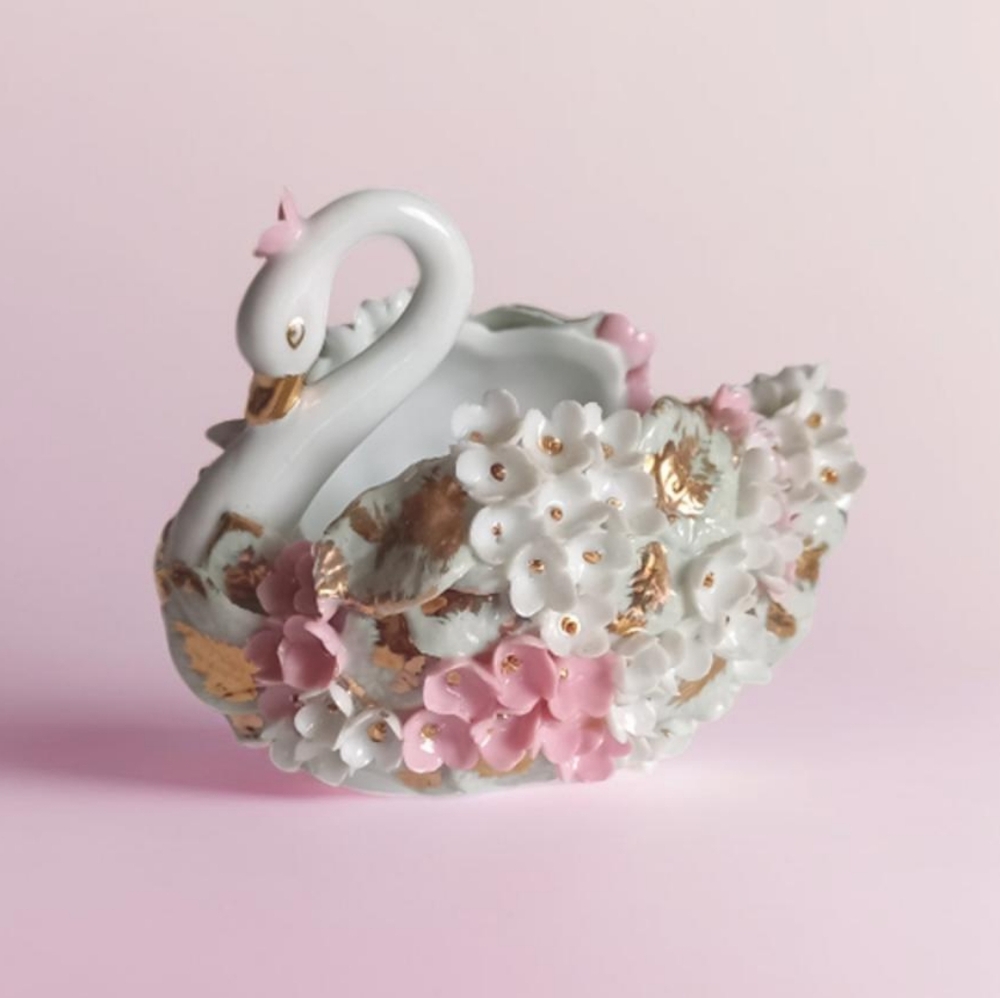L'Amour White Porcelain Figurine with Pink Blossoms and Gold Trim